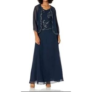 JKara Women's Navy Blue Beaded Formal Dress & Jacket Set Size‎ 18 Evening